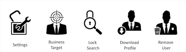 Un conjunto de 5 iconos de negocios como configuraciones de búsqueda de bloqueo de objetivo de negocios