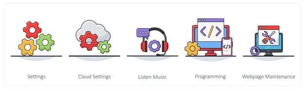 Un conjunto de 5 iconos de negocios como configuraciones configuraciones de nube escuchar música
