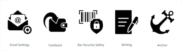 Un conjunto de 5 iconos de negocios como configuraciones de correo electrónico devolución de dinero barra de seguridad de seguridad