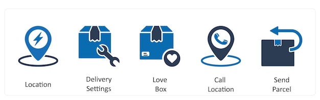 Un conjunto de 5 iconos de negocios como configuraciones de entrega de ubicación caja de amor