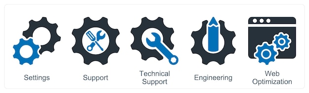 Un conjunto de 5 iconos de negocios como configuraciones de soporte técnico