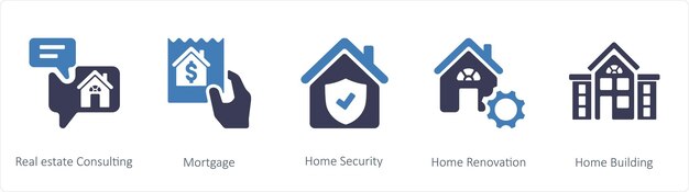 Un conjunto de 5 iconos de negocios como la consultoría inmobiliaria hipotecaria