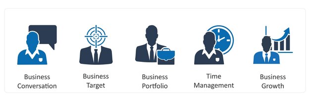 Un conjunto de 5 iconos de negocios como conversación de negocios objetivo cartera de negocios