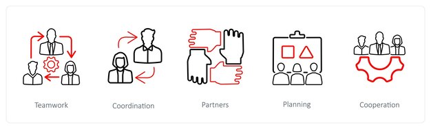 Un conjunto de 5 iconos de negocios, como la coordinación del trabajo en equipo