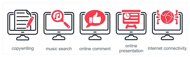 Un conjunto de 5 iconos de negocios como copywriting búsqueda de música en línea comentario