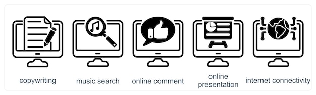 Un conjunto de 5 iconos de negocios como copywriting búsqueda de música en línea comentario