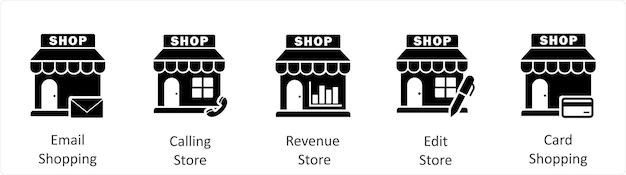 Un conjunto de 5 iconos de negocios como correo electrónico de compras llamando a la tienda de ingresos de la tienda
