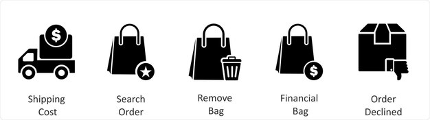 Un conjunto de 5 iconos de negocios como el costo de envío bolsa favorita quitar bolsa