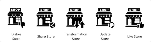 Un conjunto de 5 iconos de negocios como desagradar tienda compartir tienda transformación tienda