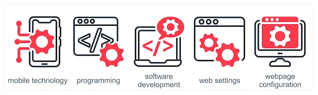 Un conjunto de 5 iconos de negocios como desarrollo de software de programación de tecnología móvil