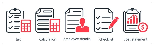 Un conjunto de 5 iconos de negocios como detalles del empleado de cálculo de impuestos