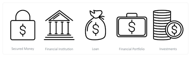 Un conjunto de 5 iconos de negocios como dinero garantizado préstamo de la institución financiera