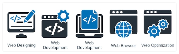 Un conjunto de 5 iconos de negocios como diseño web desarrollo web navegador web