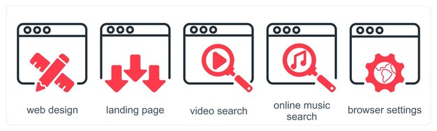 Un conjunto de 5 iconos de negocios como diseño web página de aterrizaje búsqueda de video