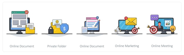 Un conjunto de 5 iconos de negocios como documento en línea carpeta privada marketing en línea