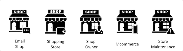 Un conjunto de 5 iconos de negocios como dueño de una tienda de compras de correo electrónico