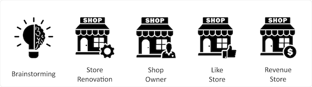 Un conjunto de 5 íconos de negocios como dueño de una tienda de renovación de tienda de tormenta de ideas
