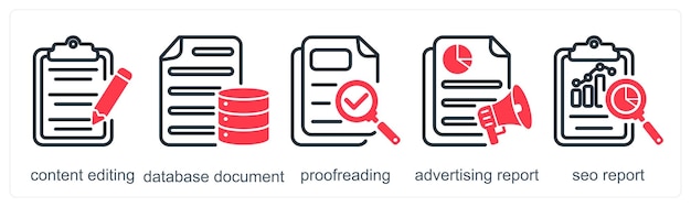 Un conjunto de 5 iconos de negocios como edición de contenido, revisión de documentos de base de datos