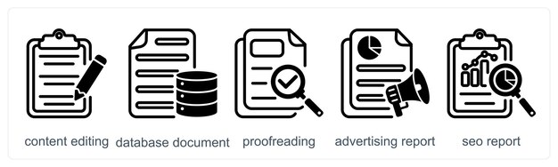 Un conjunto de 5 iconos de negocios como edición de contenido, revisión de documentos de base de datos