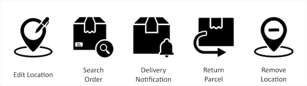Un conjunto de 5 iconos de negocios como edición de la ubicación de búsqueda de notificación de entrega de pedidos