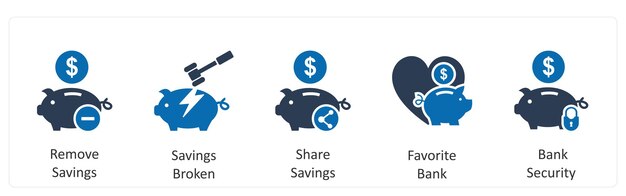 Un conjunto de 5 iconos de negocios como eliminar ahorros ahorros rotos ahorros de acciones