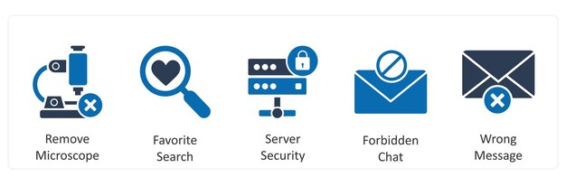 Un conjunto de 5 iconos de negocios como eliminar el microscopio favorito de búsqueda de seguridad del servidor