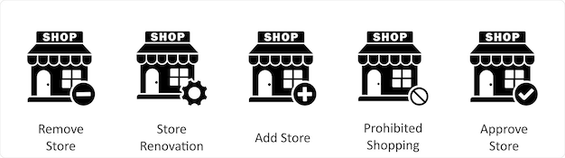 Un conjunto de 5 iconos de negocios como eliminar tienda tienda renovación añadir tienda