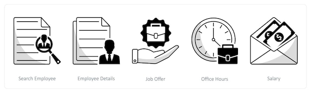 Un conjunto de 5 iconos de negocios como empleado de búsqueda empleado detalles oferta de trabajo