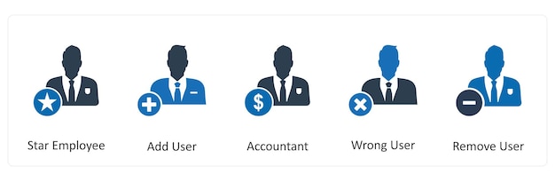 Un conjunto de 5 iconos de negocios como empleado estrella añadir usuario contador