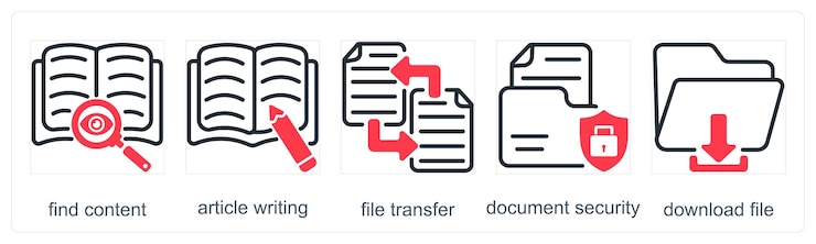 Vector un conjunto de 5 iconos de negocios como encontrar contenido artículo escritura transferencia de archivo