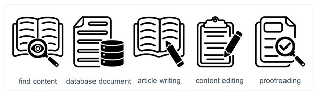 Un conjunto de 5 iconos de negocios como encontrar contenido base de datos documento artículo de escritura