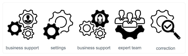 Un conjunto de 5 iconos de negocios como equipo de expertos en configuraciones de soporte empresarial