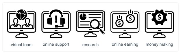 Un conjunto de 5 íconos de negocios como equipo virtual de apoyo en línea de investigación