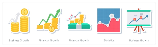 Un conjunto de 5 iconos de negocios como estadísticas de crecimiento financiero de crecimiento de negocios