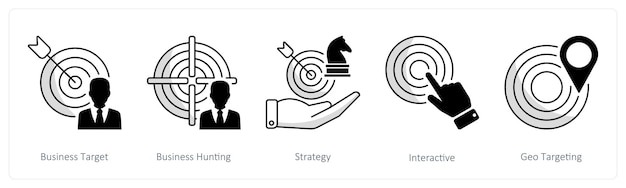 Un conjunto de 5 iconos de negocios como estrategia de búsqueda de negocios objetivo de negocios
