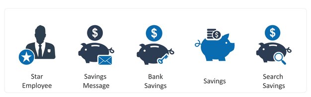 Un conjunto de 5 iconos de negocios como estrella empleado ahorros mensaje ahorro bancario