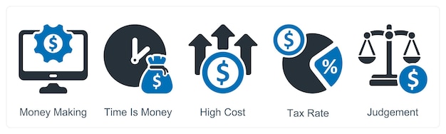 Un conjunto de 5 iconos de negocios como ganar dinero el tiempo es dinero de alto costo