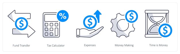 Un conjunto de 5 iconos de negocios como gastos de la calculadora de impuestos de transferencia de fondos