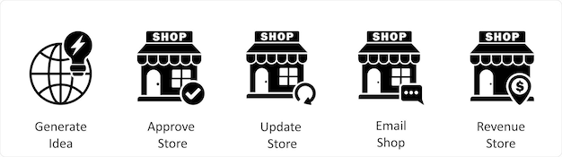 Un conjunto de 5 iconos de negocios como generar idea aprobar tienda actualización tienda