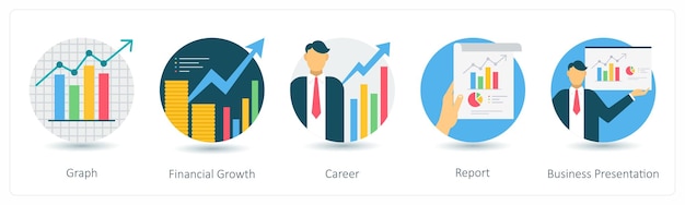 Un conjunto de 5 iconos de negocios como gráfico de crecimiento financiero carrera