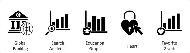 Un conjunto de 5 iconos de negocios como gráfico de educación de análisis de búsqueda bancaria global