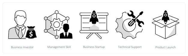 Un conjunto de 5 iconos de negocios como habilidad de gestión de inversores de negocios de inicio de negocio