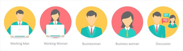 Un conjunto de 5 íconos de negocios como hombre trabajador mujer trabajadora empresario