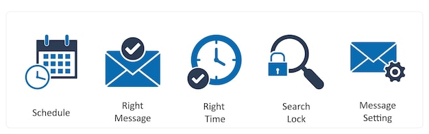 Un conjunto de 5 iconos de negocios como horario mensaje correcto momento correcto
