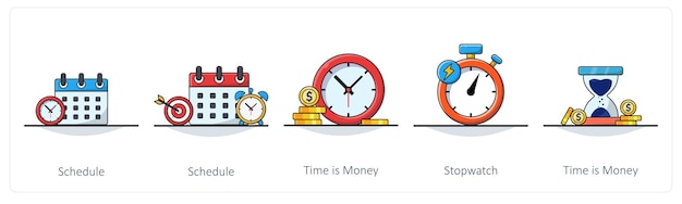 Un conjunto de 5 iconos de negocios como horario de tiempo es un cronómetro de dinero