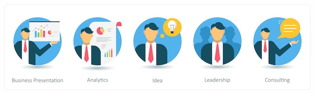 Un conjunto de 5 iconos de negocios como idea de análisis de presentación de negocios