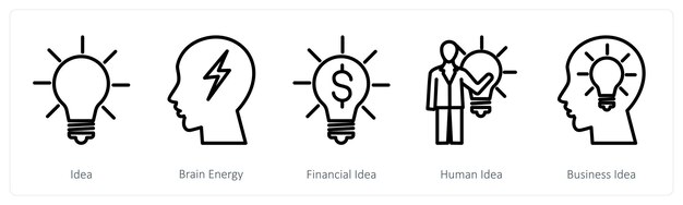 Un conjunto de 5 íconos de negocios como idea cerebro energía idea financiera