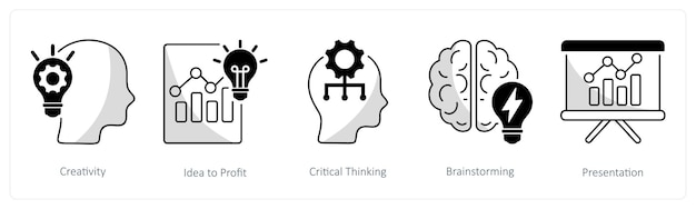 Un conjunto de 5 íconos de negocios como idea de creatividad para aprovechar el pensamiento crítico