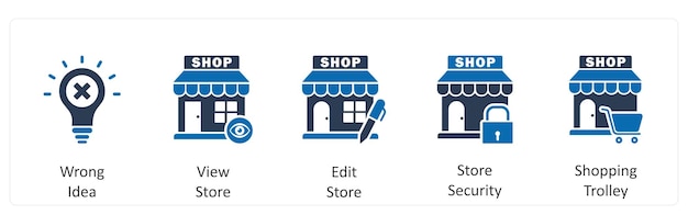Un conjunto de 5 iconos de negocios como idea equivocada vista tienda editar tienda