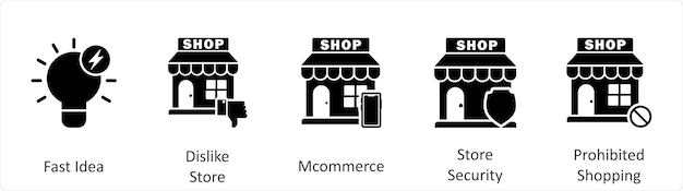 Un conjunto de 5 íconos de negocios como idea rápida no gustan tienda m comercio